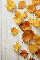 Beautiful foliage, autumn mood, the foliage lies on a white wooden table. AI generative photo