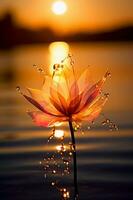 Macro photography of an epic sunset at a beautiful scenic lake as seen through the translucent petal of a flower blooming in the grass. AI generative photo