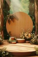 Wooden stage design, product advertising stand exhibition with complementary elements such as flowers and plants as a background. AI generative photo