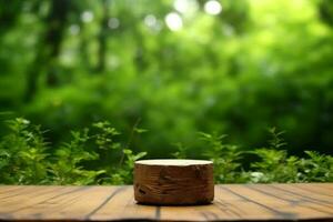 Empty wooden table in nature. AI generative photo