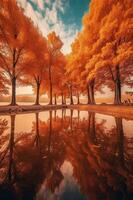 Stunning detail reflection of the golden and orange katsura trees around the natural round lake. AI generative photo
