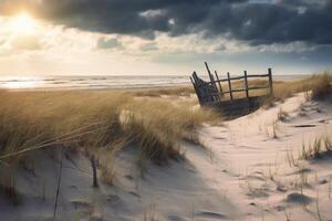 A photograph of a deserted beach with an old broken fence running along the dunes in the foreground and clusters of sea oats. AI generative photo