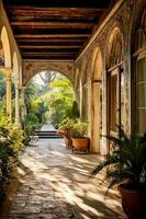 a colonial architecture, basked in the morning light, with ornate wooden window frames and built of old stones, AI generative photo