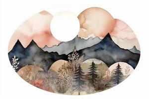 Watercolor boho style mountain landscape, minimalistic, vintage with muted colors. photo