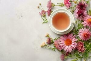 floral bandera y taza de sabroso té. ai generativo foto