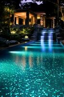 Huge swimming pool with lights and a waterfall, in the style of light emerald and dark brown, nature inspired, manapunk, marbleized, rounded, aluminum, traumacore. AI generative photo