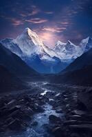The base of mount everest from a rocky ground, in the style of light sky. photo