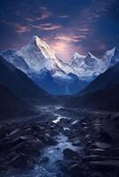 el base de montar Everest desde un rocoso suelo, en el estilo de ligero cielo. ai generativo foto