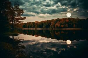 Photo of lake with moon reflection. AI generative