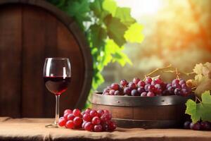 A barrel of wine sits on a table with a bunch of grapes in the background, copyspace, photo