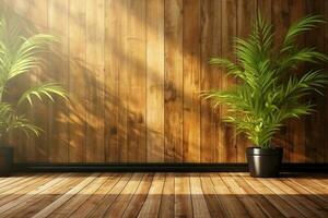 sunlight of tropical bamboo tree leaf shadow on brown wooden panel wall with wood grain. AI generative photo