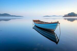 Small boat on a calm lake, landscape photography. AI generative photo