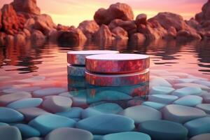 3d render, abstract geometric background. Colorful iridescent panels joined to white rocks levitate above the water. photo