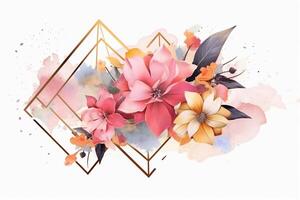 The rectangle frame made of mix abstract art, pink and gold colors. photo