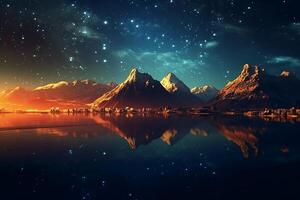 Golden fantasy starry sky at night, towering mountains, clear sparkling lake surface. photo