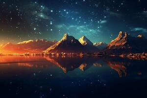 Golden fantasy starry sky at night, towering mountains, clear sparkling lake surface. AI generative photo