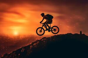 un hombre volador mediante el aire mientras montando un bicicleta. ai generativo foto