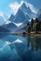 A calm lake surrounded by towering mountains. photo