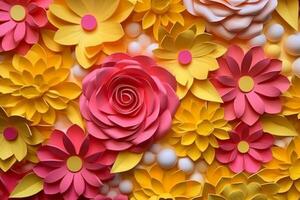 3D yellow and pink flowers layered forms, paper quilting pattern, vibrant colors. photo