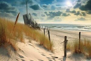 A photograph of a deserted beach with an old broken fence running along the dunes in the foreground and clusters of sea oats. AI generative photo