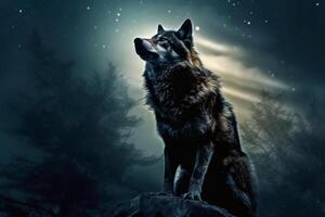 A black Wolf, very domineering in the moonlight. photo