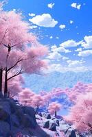 Cherry blossom elegant blue sky background. AI generative photo