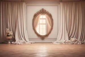 luxurious drapery with floral wall hangings and a curved mirror. photo