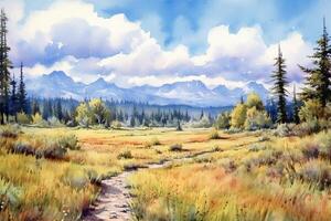 A watercolor landscape painting, blue sky, clouds, light and airy, wilderness. photo