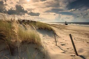 A photograph of a deserted beach with an old broken fence running along the dunes in the foreground and clusters of sea oats. AI generative photo