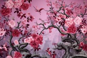 Floral floral pattern, with trees on a handpainted background. photo