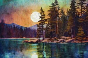 Full moon over a lakefront mountain with pine trees, impressionist style, vivid colors. photo