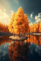 Stunning detail reflection of the golden and orange katsura trees around the natural round lake. AI generative photo