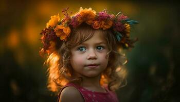 sonriente caucásico niña disfruta naturaleza belleza en verano generado por ai foto