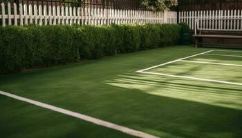 Green turf stripes frame tennis court competition generated by AI photo