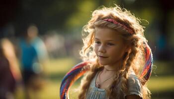 Smiling Caucasian girls enjoy playful summer fun outdoors generated by AI photo