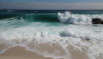 Breaking waves crash on tranquil sand shore generated by AI photo