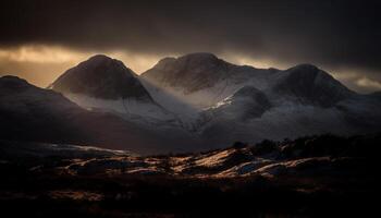 majestuoso montaña rango, nieve tapado cima, tranquilo prado generado por ai foto