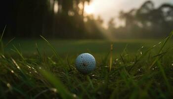 Golfer hits ball on green grass meadow generated by AI photo