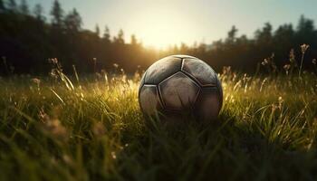 equipo éxito en verde fútbol campo jugando pelota generado por ai foto