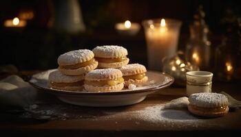 Homemade shortbread stack, chocolate icing temptation indoors generated by AI photo