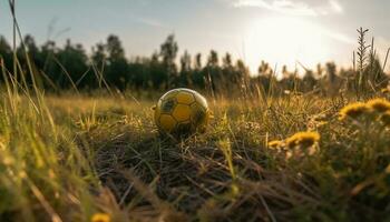jugando fútbol en el verde prado, éxito generado por ai foto