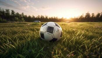 Playing soccer on green field under sun generated by AI photo