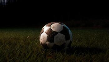 equipo éxito en verde fútbol campo a noche generado por ai foto