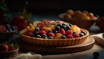 Sweet berry tart on rustic wood plate generated by AI photo