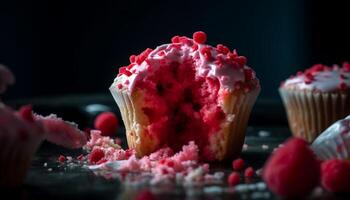 Indulgent homemade raspberry chocolate cupcake on wood table generated by AI photo