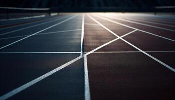 Athletes in striped pattern run on sports track generated by AI photo