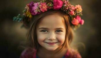 Cute girl with flower wreath enjoys nature generated by AI photo