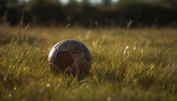 jugando fútbol en verde césped campo éxito generado por ai foto