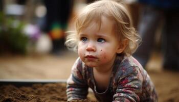 Smiling baby girl playing in the sand generated by AI photo