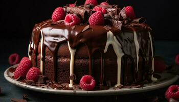indulgente chocolate baya pastel, Perfecto para celebraciones generado por ai foto